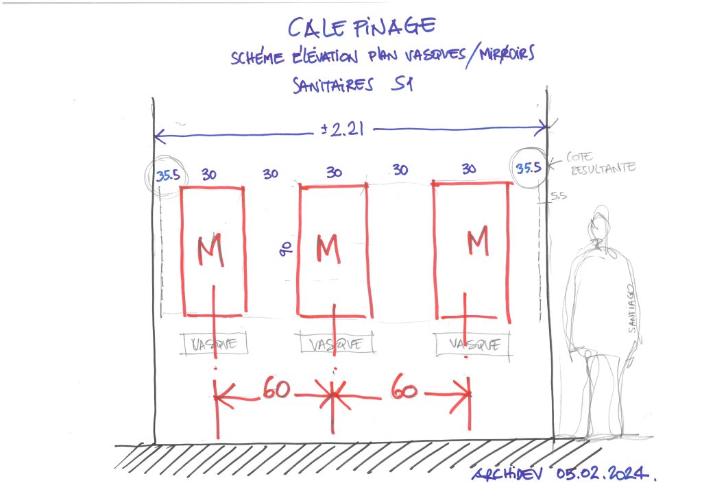 Calepinage des vasques et miroirs toilettes vs. relevés sur place, réalisé benazra.com